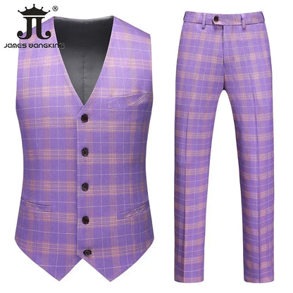 S-5XL ( Blazer + Vest + Pants ) Boutique British Style Mens Suit Plaid Groom Wedding Dress Business Casual Formal Suits 3Pcs Set