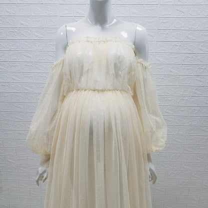 White Dot Tulle Maternity Photography Props Dress See Through Maternity Photo Shoot Tulle Long Dress Lantern Sleeve