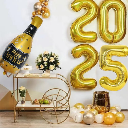 5pcs/set 2025 Aluminum Foil Number Balloon Champagne Bottle 2025 Happy New Year Decorations Balloons Photo Props Digital Ballons