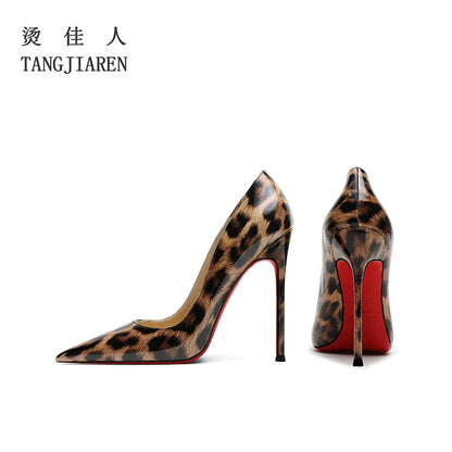 Spring New Red Sole High Heels Women's Thin Heels Shallow Mouth French Sexy Leopard Print Mesh Red Single Shoes