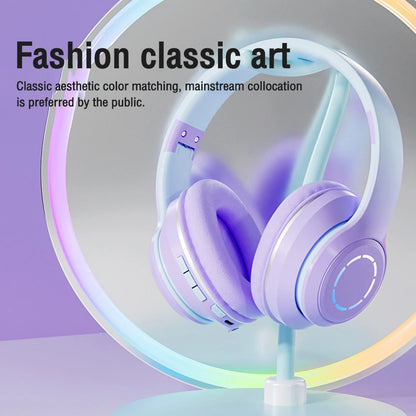 Gradient Color Bluetooth Headphone Wireless Music Headset LED Light With Mic Gamer Earphone Kids Lovely Christmas Gifts