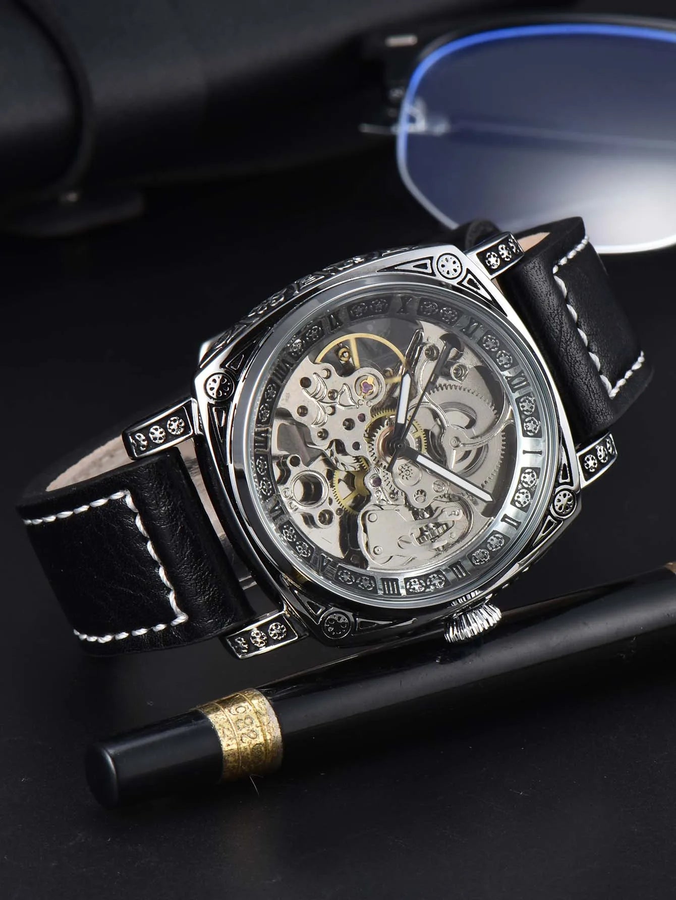 LONGLUX automatic watch retro style mechanical wristwatches skeleton carve waterproof leather mens watch