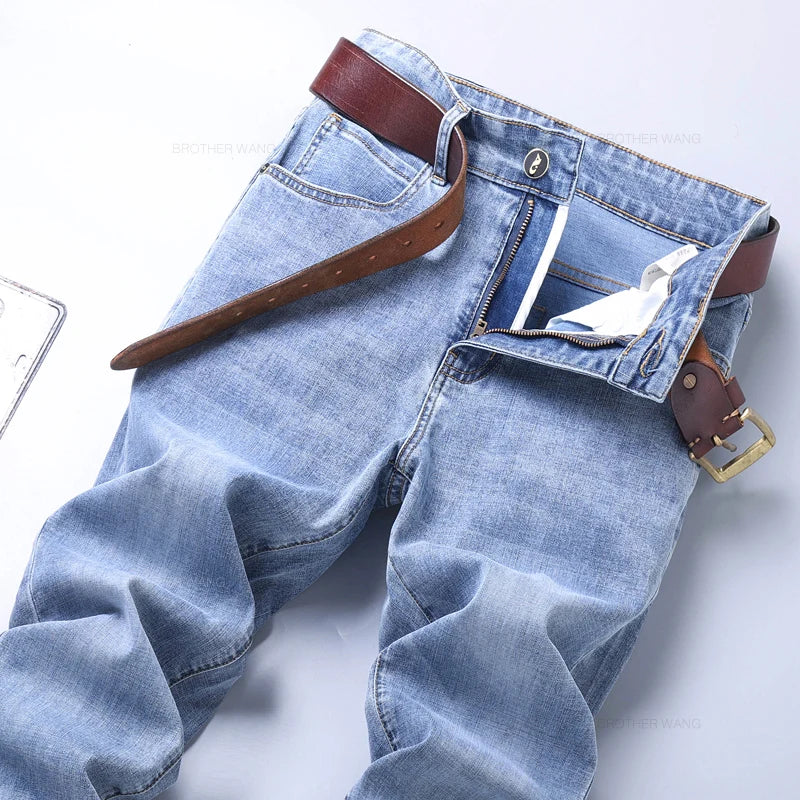 Spring and Summer Thin Men's Light Blue Slim Jeans Stylish Casual Stretch Fabric Denim Pants Classic Trousers Smoke Gray