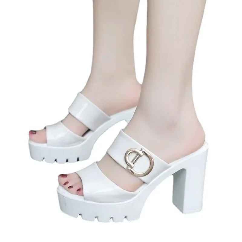 High Heels Platform Slippers Summer Shoes Solid High Heels Slides Women Office OL Fashion 35-40 Open Slippers