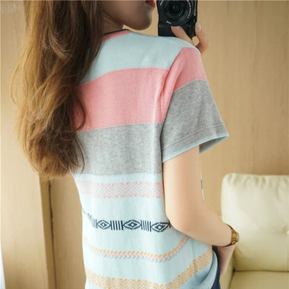 100% Cotton Short-sleeved Tees Summer Ladies O-neck Color-blocking Pullover Vest Stitching Contrast Color Base Knitted T-shirt