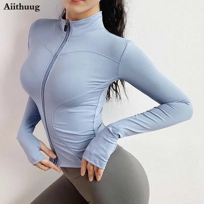 Aiithuug Women's Slim Fit Lightweight Jackets Women's Full Zip-up Yoga Sports Running Jacket with Thumb Holes for Workout