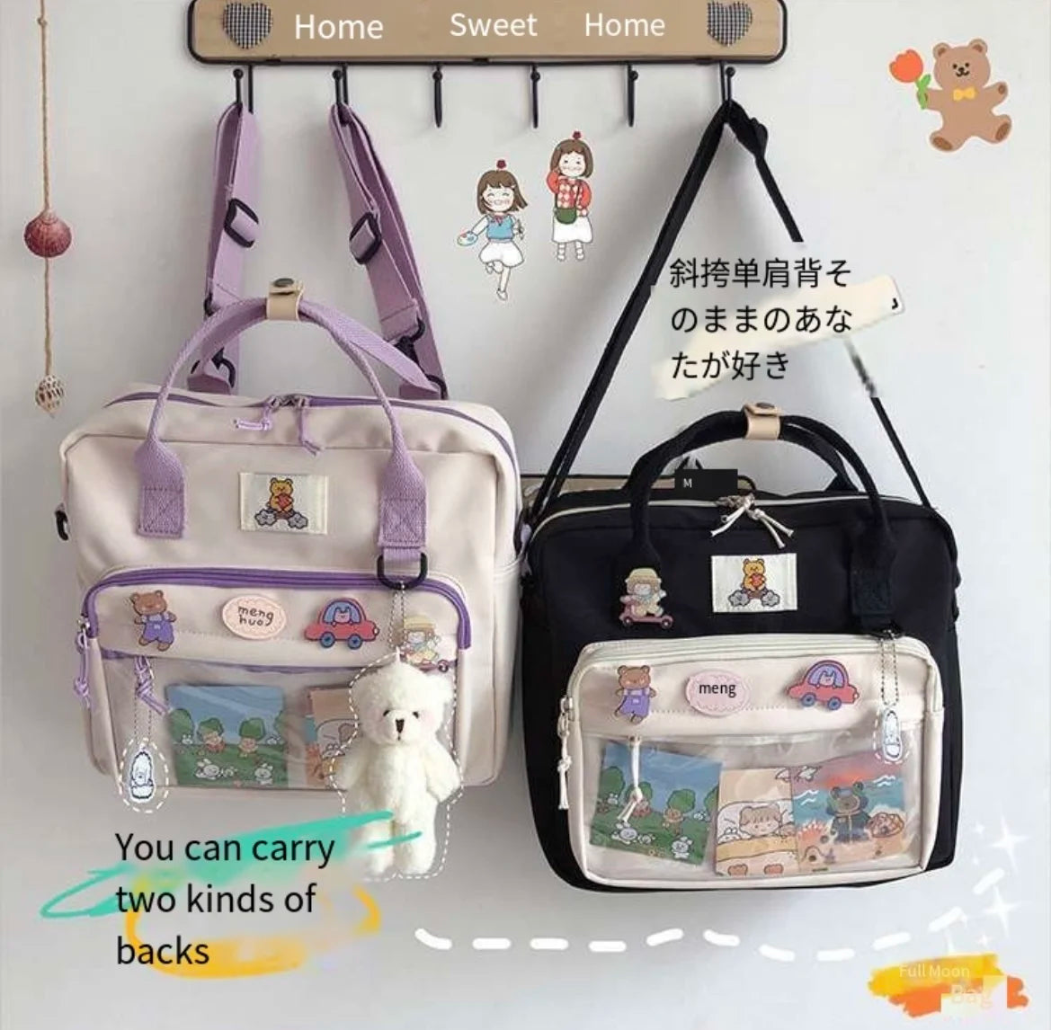 JIAERDI Kawaii Ita Bag For Teenage Girls Harejuku Preppy Backpack Women Cartoon Transparent JK Shoulder Bag Female Bolso Mujer