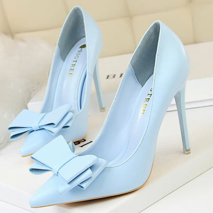 Women 10.5cm High Heels Blue Yellow Pumps Butterfly Knot Leather Stiletto Heels Lady Escarpins Wedding Party Event Shoes