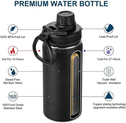 Insulated Water Bottle, 1000ml 32 oz Stainless Steel Double Wall Vacuum Wide Mouth Sport Bottle with Leakproof Spout Lid