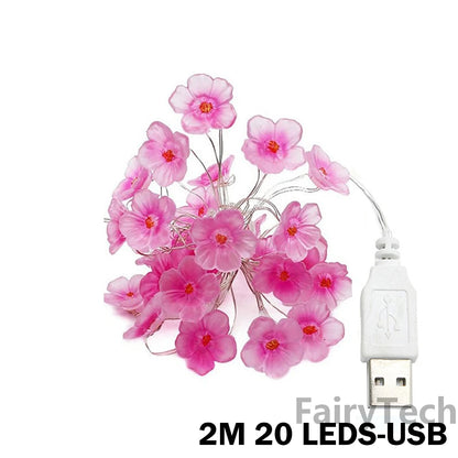 Cherry Blossom Flower Garland Lamp Battery/USB Operated LED String Fairy Lights Crystal Flowers Indoor Wedding Christmas Decors