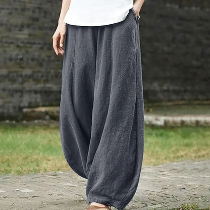 Spring Summer Cotton Linen Style Bloomers Wide Leg Pants Women Vintage Full Length Elegent Pants Solid Elasitic Waist S-5XL