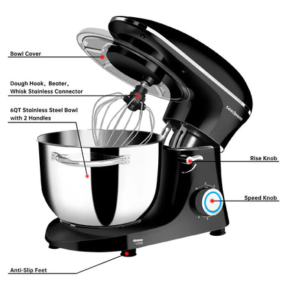 6Qt Electric Food Stand Mixer,660W,6-Speeds Tilt-Head Dough Mixers with Dishwasher-Safe Dough Hook & Wire Whip & Beater