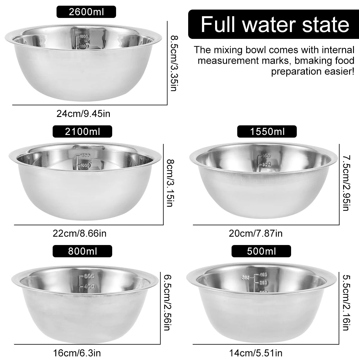 5Pcs Stainless Steel Mixing Bowl Set Fruit Salad Food Tableware Soup Noodles Bowl Kitchen Cooking Baking Tools 14/16/20/22/24cm