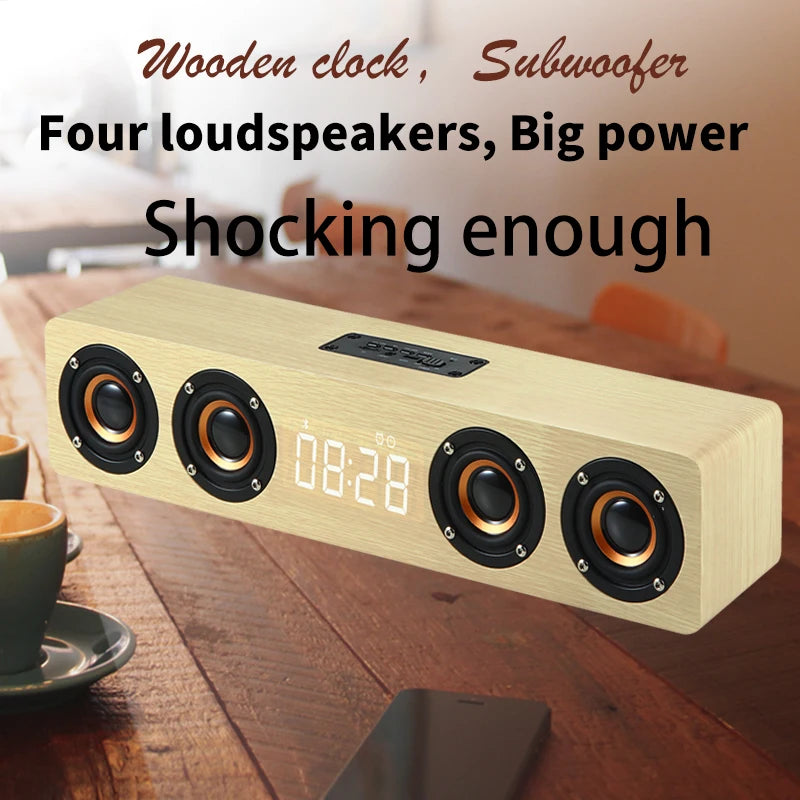 Wireless Bluetooth 5.0 Speakers For Computers Wooden Alarm Clock Display Sound System Player with AUX TF FM Radio Subwoofer Box