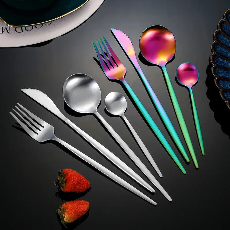 16Pcs Gold Stainless Steel Cutlery Set Knife Fork Spoon Dinnerware Matte Tableware Set Wedding Birthday Silverware Dinner