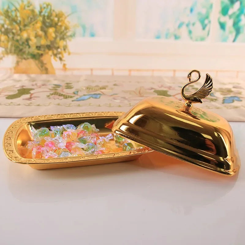 Golden/Silver Color Food Container Dustproof Food Tray with Lid Stainless Steel Butter Dish Box Serving Tray Hotel Supplies