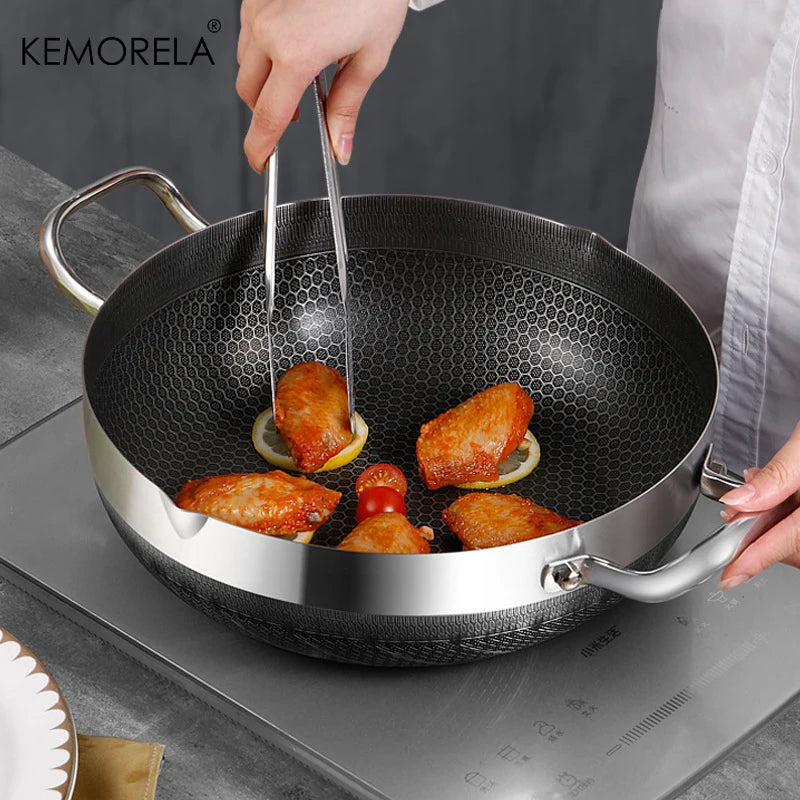 26/28/30CM Frying Pan Hot Pot Stainless Steel Non Stick Pan Honeycomb Soup Pot Bottom With Lid Induction Cooker Gas Stoves