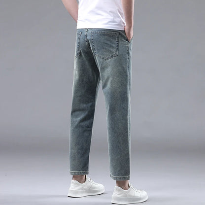 New Summer 95% Cotton Straight Thin Jeans for Men Classic Style Stretch Soft Fabric Light Blue Denim Ankle-Length Pants Male