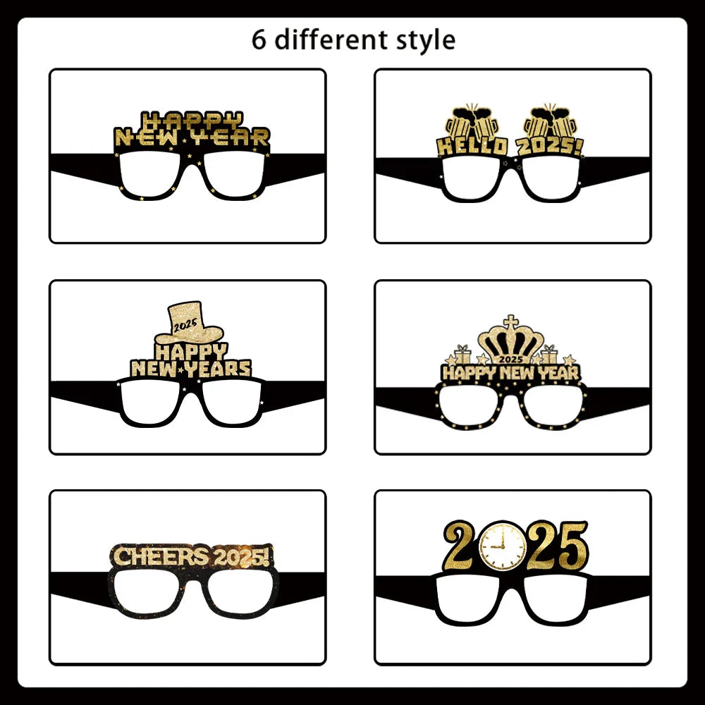 12/6pcs Happy New Year Paper Glasses 2025 Eyeglasses Frame Photo Booth Props New Year's Eve Party Decoration Christmas Supplies