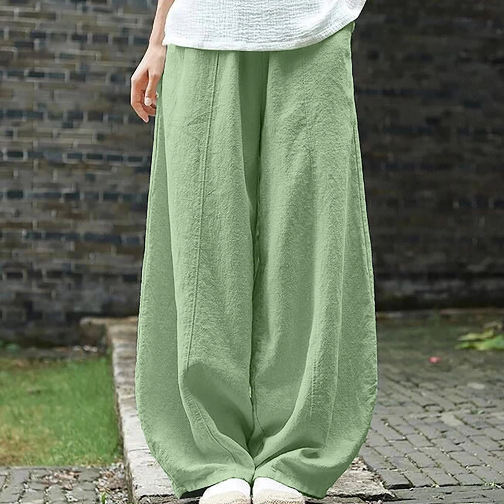 Spring Summer Cotton Linen Style Bloomers Wide Leg Pants Women Vintage Full Length Elegent Pants Solid Elasitic Waist S-5XL