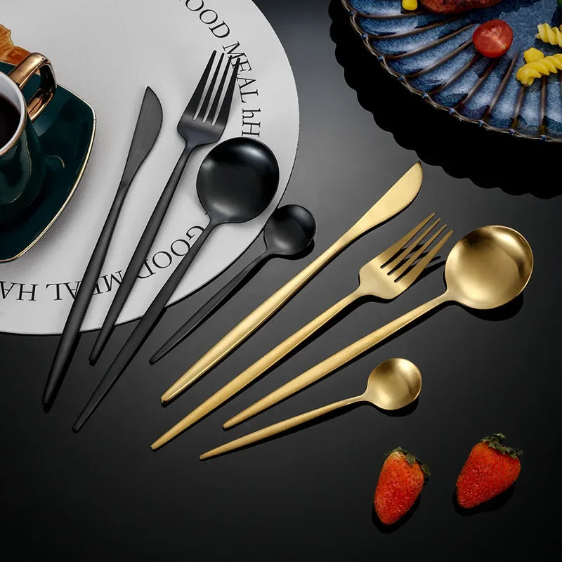 30Pcs Black Gold Dinnerware Set Stainless Steel Dinner Knife Fruit Fork Spoon Cutlery Set Kitchen Tableware Silverware Sets