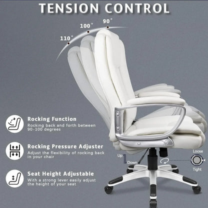 Office Desk Chair, High Back Computer Chair, Ergonomic Adjustable Height PU Leather Chairs with Cushions Armrest (White)