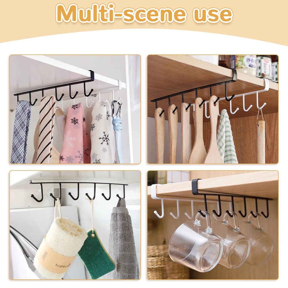 6 Hooks Storage Shelf Wardrobe Kitchen Bathroom Organizer Iron Metal Under Shelves Hanging Rack Mug Cup Utensils Holder Kitchen