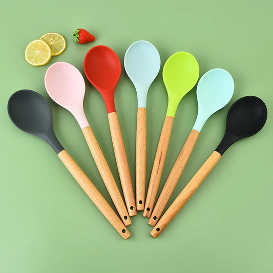 Round Silicone Wooden Handle Soup Spoon Korean Ramen Noodles Bouillon Cooking Long Ladle Japanese Kitchen Tablespoons Tableware