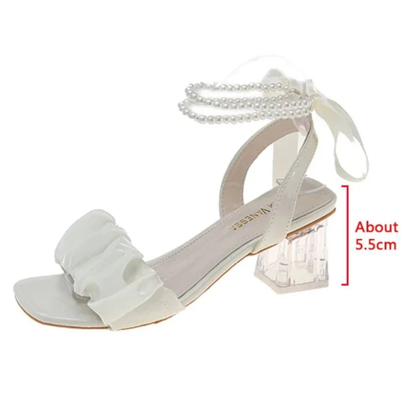 Comfort Shoes for Women Block Heels Pearl Sandals Med Suit Female Beige All-Match Chunky Girls Medium Clear Black Gladiator