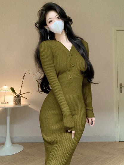 Vintage Knitted Sweater Long Sleeve Midi Dresses for Women Slim Korean Elegant Green Button V Neck Bodycon Dress Autumn