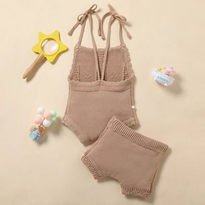Beach Summer Clothes for Newborn Baby Girls Frilled Eyelet Knitted Jumpsuit+Pants Outfits 2pcs Sets