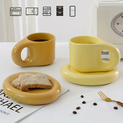 1set 400ml Ceramic Coffee Chubby Mug Saucer Set Creative Cute Fat Handle Cup With Saucer For Office And Home Room Decor