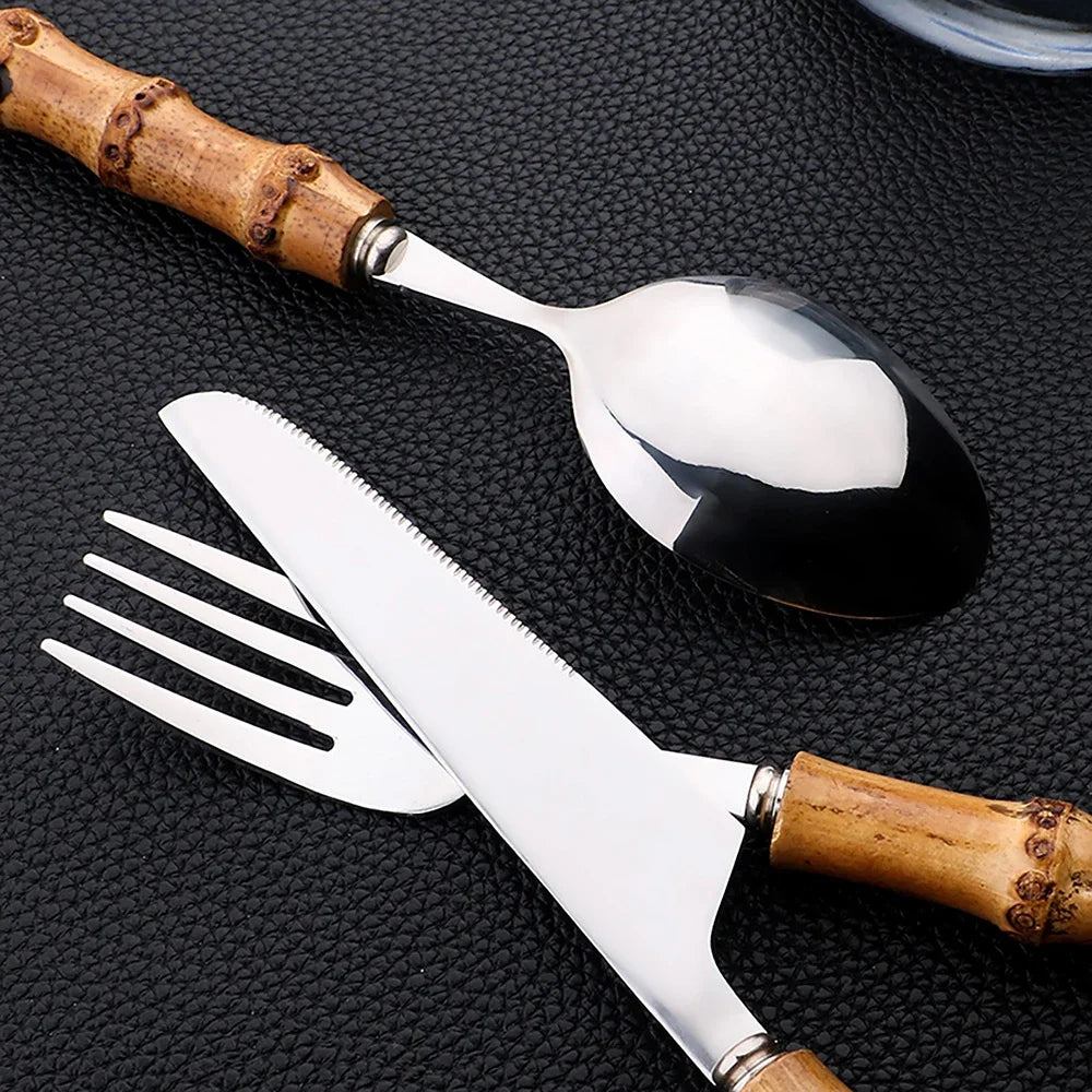 24Pcs Bamboo Tableware Sets Stainless Steel Bamboo Cutlery Set Purely Natural Handle Flatware Set Dinnerware Steak Knife Cutlery