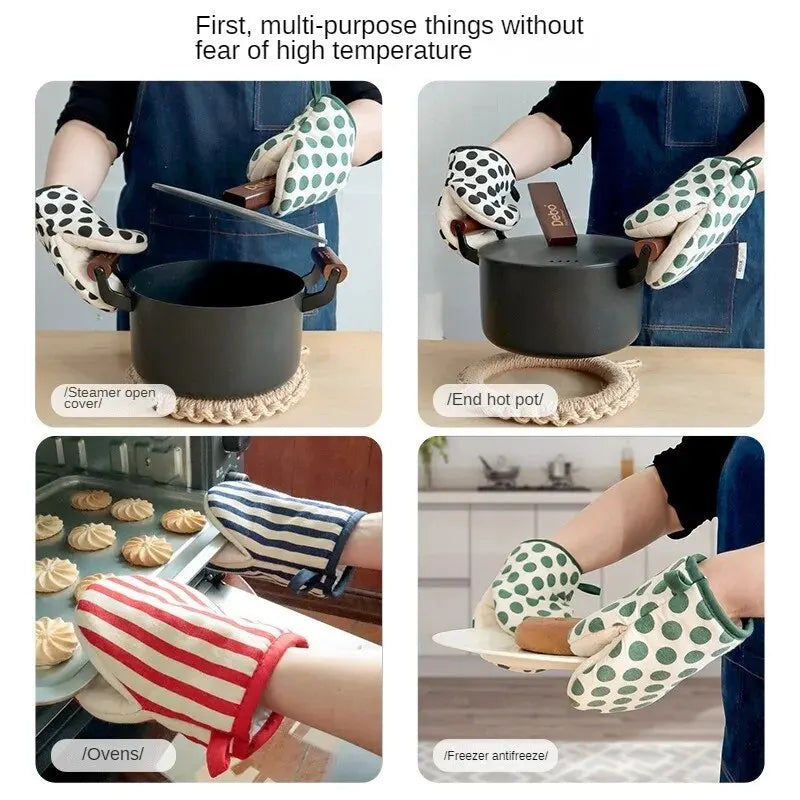 Japanese Style Polka Dot Heat-Resistant Oven Mitts for Home Use, Microwave Safe Gloves