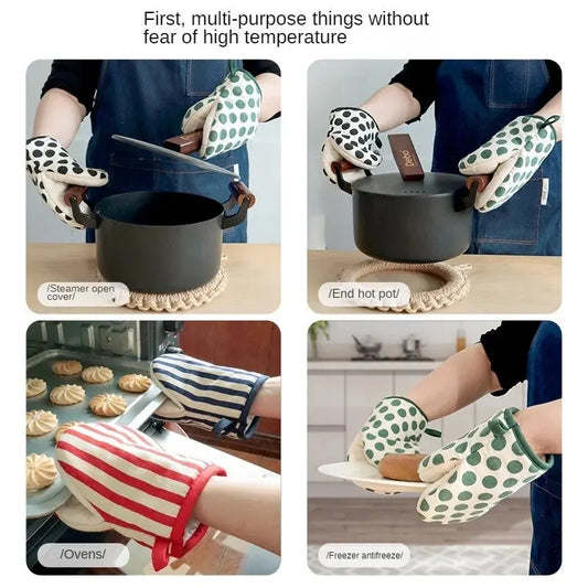 Japanese Style Polka Dot Heat-Resistant Oven Mitts for Home Use, Microwave Safe Gloves