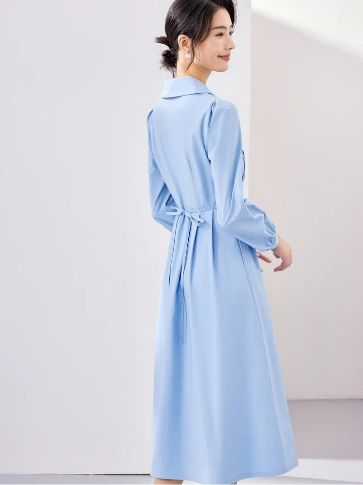 Vimly Cotton 100% Women's Blue Button Up Shirt Dresses Autumn Fashion A-line Lapel Long Sleeve Elegant Midi Dress M2917