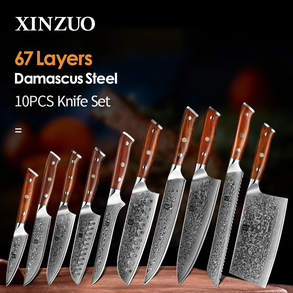 XINZUO 1-10 PCS Kitchen Knife 67 Layers Damascus Steel Chef Slicing Utility Paring Knife Steel Rosewood Handle Razor Sharp