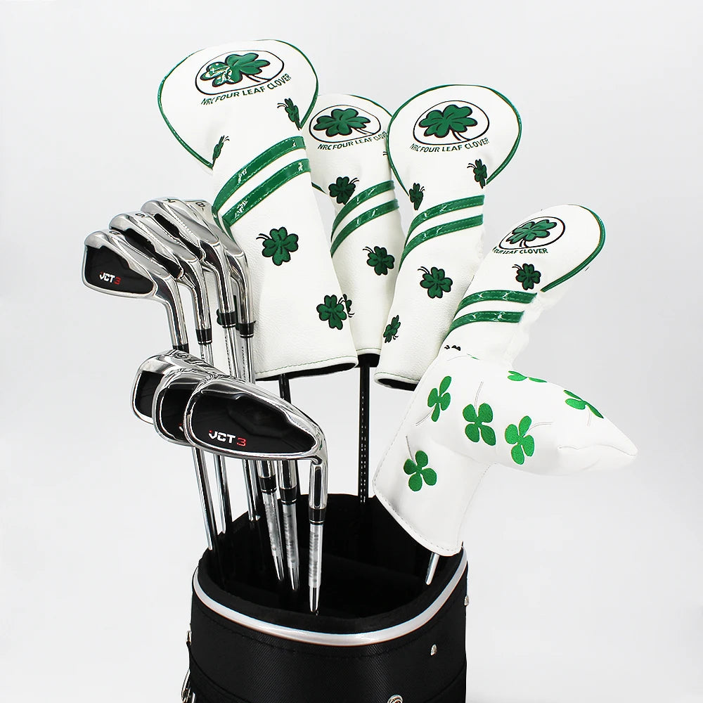 Golf Headcover for Driver Fairway Hybrid Blade Putter PU Leather Waterproof Four Leaf Clover Golf Wood Head Cover Number Tag