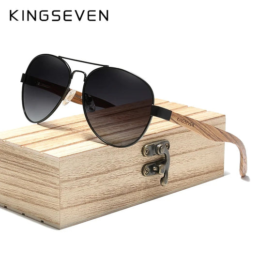 KINGSEVEN Men's Polarized Sunglasses High Quality Natural Zebra Wood Alloy Frame Women UV400 Glasses HD Lens Pilot Eyewear