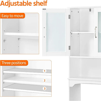 Over The Toilet Storage Cabinet with Double Tempered Glass Doors and Adjustable Shelf, Freestanding Bathroom Storage Rack