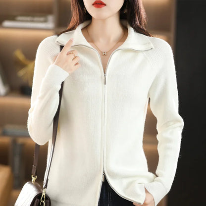 Autumn Winter New Women Wool Sweater Clothing Double Zipper Lower Lapel Cardigan Fashion Female Casual Knitted Tops Soft Jacket