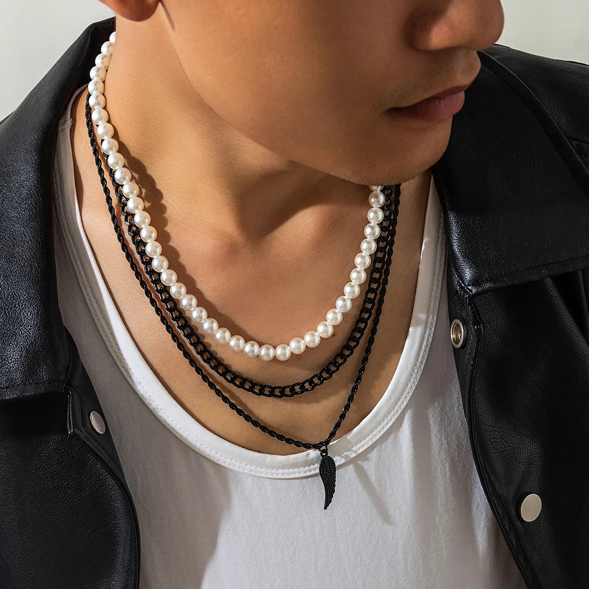 KunJoe Hip Hop Black Chain Pendant Choker Imitation Pearl Necklace for Men Punk Jewelry Rapper Collar On The Neck Street Club