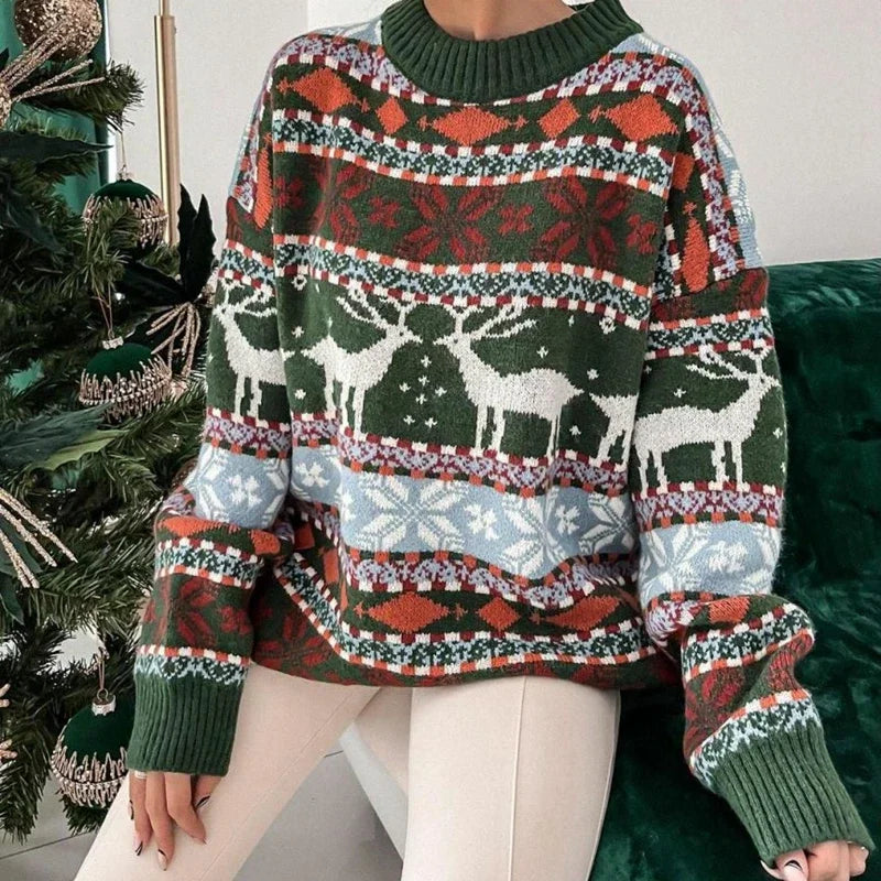 2024 Winter Christmas Sweaters for Women Jacquard Print Warm Soft Knitwear Full Sleeve Casual Loose Jumpers Xmas Look Pull Femme