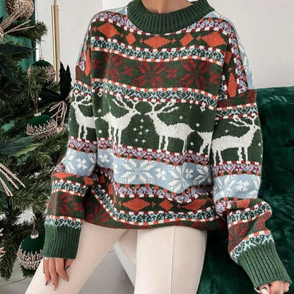 2024 Winter Christmas Sweaters for Women Jacquard Print Warm Soft Knitwear Full Sleeve Casual Loose Jumpers Xmas Look Pull Femme