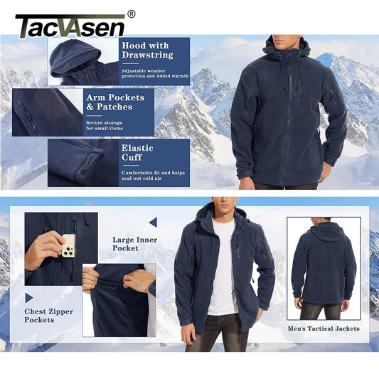 TACVASEN Spring Winter Fleece Jacket With Hoodie Mens Hooded Fleece Jacket Full-Zip Up Outdoor Windproof Hooded Warm Work Coat