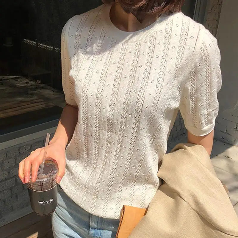 100% Cotton Women Hollow-out Sweater T-shirt New Summer Fashion Short-sleeve O-Neck Pullover Tees Korea Casual Knitted Tops