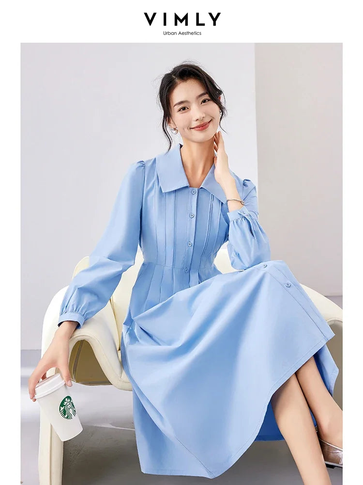 Vimly Cotton 100% Women's Blue Button Up Shirt Dresses Autumn Fashion A-line Lapel Long Sleeve Elegant Midi Dress M2917