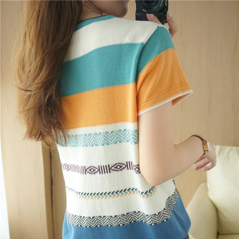 100% Cotton Short-sleeved Tees Summer Ladies O-neck Color-blocking Pullover Vest Stitching Contrast Color Base Knitted T-shirt