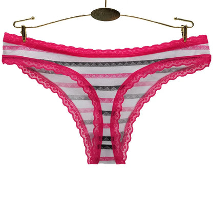 Sexy Thongs Cotton Basic Underwear Women Low Waisted Striped Lace T-back G-strings Panties Ladies Knickers 5 pcs/Lot