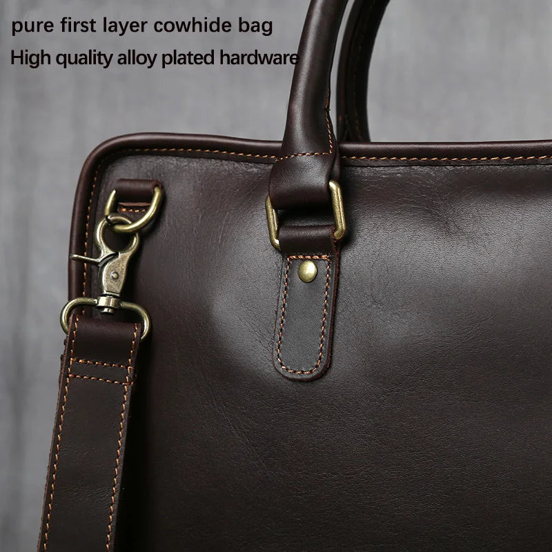 NZPJ Retro Men's Briefcase Leather Laptop Bag Top Layer Cowhide Casual Handbag 14 Inch Business Shoulder Bag Messenger Bag